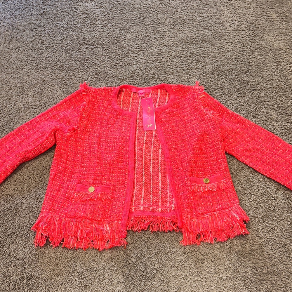 Lilly Pulitzer Pink Fringe Knit Jacket Cardigan NWT Size M